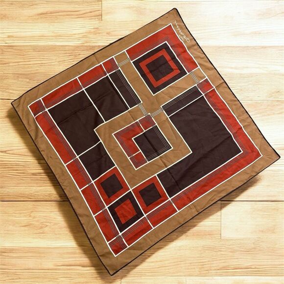 Vintage VTG Fiorini 1970s Brown Orange Tan Geometric Square Scarf - Picture 1 of 6